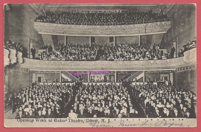 Interior titled: "Opening Week at Baker's Theatre, Dover, N.J", post card pic