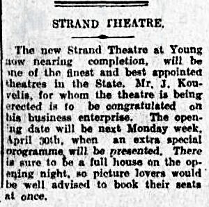 Hoyts Strand Theatre Boorowa Street and Clarke Street, Young, NSW  - 1923 Grand opening