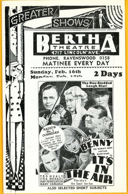 Coming attractions flyer for the Bertha Theatre from the week beginning Sunday, Sunday, February 16, 1936.