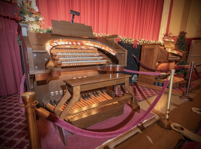 Closeup of the theatre’s two Marr&Colton theatre organ consoles.