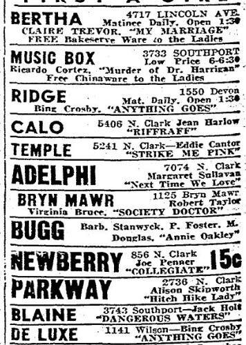 April 21, 1936 newspaper listing showing the Blaine Theatre using an address of 3743. 