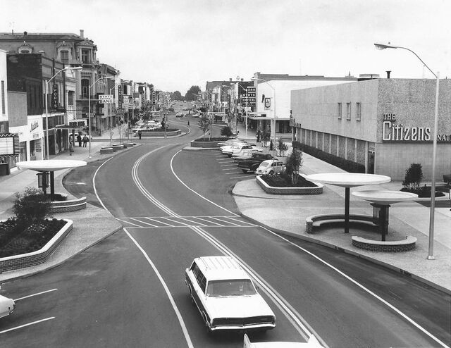 State Theatre marquee far left. 1973 photo credit Mike Stringer.