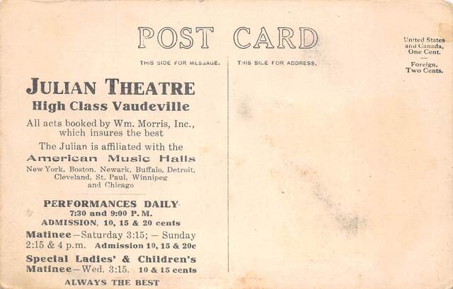 Julian Theatre Ad on back of postcard