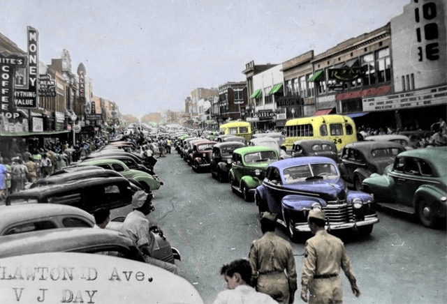 August 15 1945-Victory over Japan Day (VJ Day). Old Downtown Lawton. (Color provided by John Andrews) Dome Theatre on the right. Photo credit Marian Lynne Kirchner-Rohan.