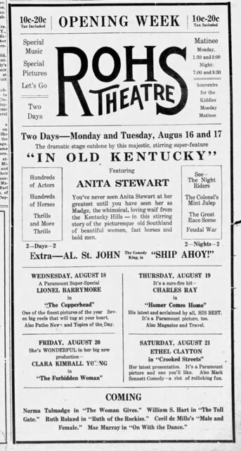 8/12/1920 -- Rohs Theatre – Opening Week Advertisement for