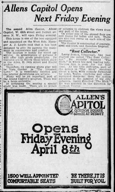 Ad for Allen's Capitol Theatre opening
