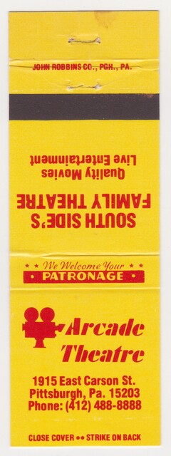 Arcade Theatre Matchbook Cover Pittsburgh, PA