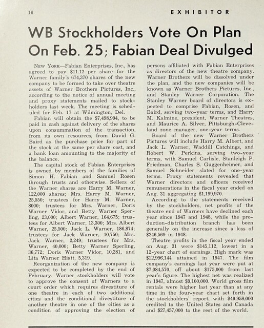 Divestment of Theater Ownership by Movie Studios (1953)