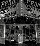 ["Newsprint picture of the Penn’s streamlined marquee, circa 1954."]