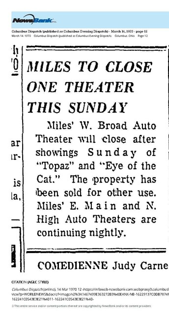 The Penultimate Last Picture Show at Miles' W. Broad Auto Theater (1970)