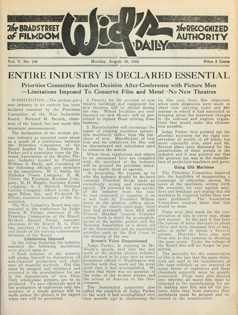 World War I Government Policy on the Movie Industry (1918)