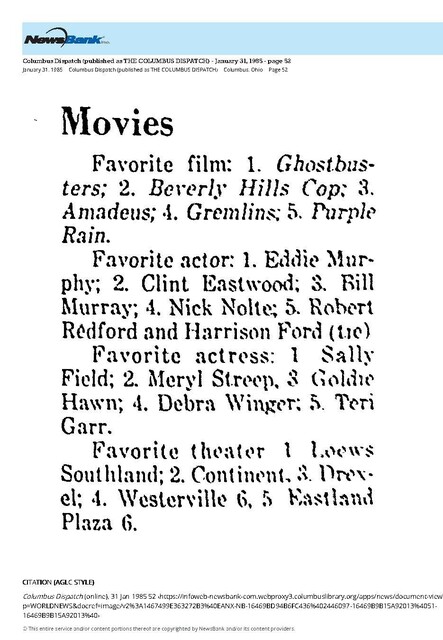 Favorite Theaters, Films, Actors, and Actresses (1984)