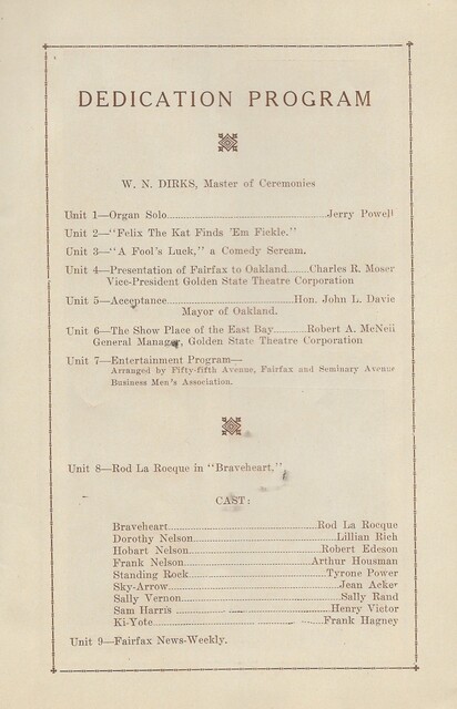 Program Fairfax Theatre Oakland1926