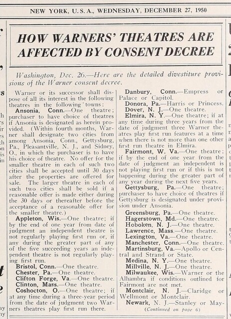 Warners' Theatres Consent Decree (1950) 1 of 3