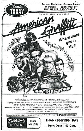 American Graffiti opened with great fanfare in Modesto on November 21st, 1973, at the Briggsmore Theatre, with George Lucas and his family in attendance. Lucas was presented with the Key to the City by Mayor Lee Davies.