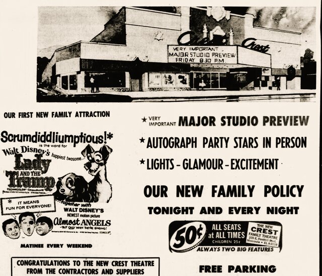 October 1962 Grand Opening Announcement as Crest Theatre courtesy Robert Di Dio.