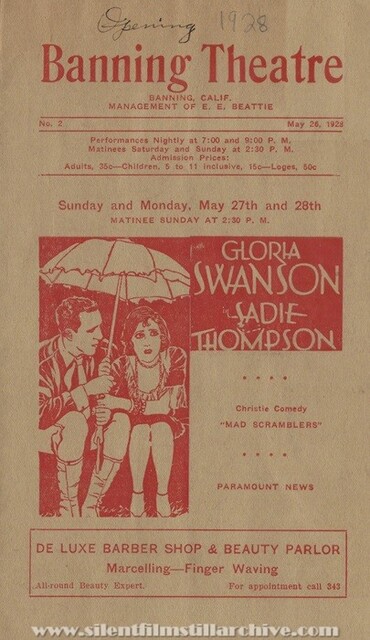Banning Theatre program for May 27th, 1928