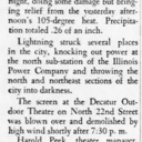 Screen blown down Tuesday July 20, 1954. 7/21/54 article credit Decatur Herald.