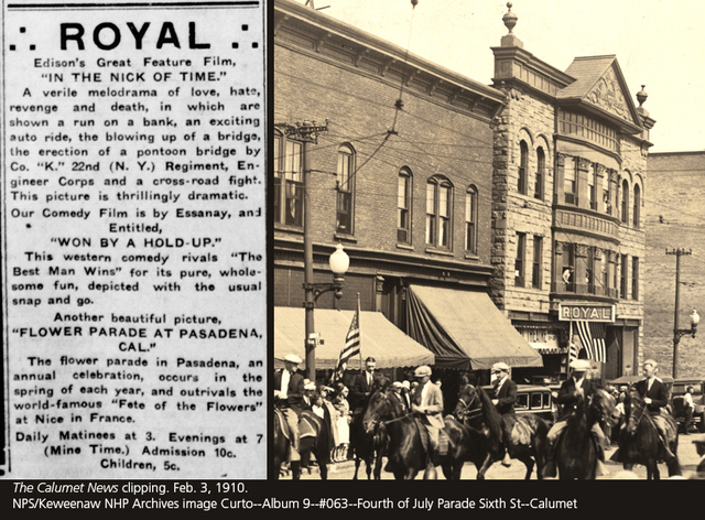 4th of July photo credit NPS image/Keweenaw NHP Archives, Library of Congress. (February 3, 1910 news clipping credit The Calumet News)