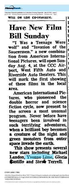 Yvonne Lime, R.I.P. (1935 - 2026)/Fifties Sci-Fi-Horror (1957)