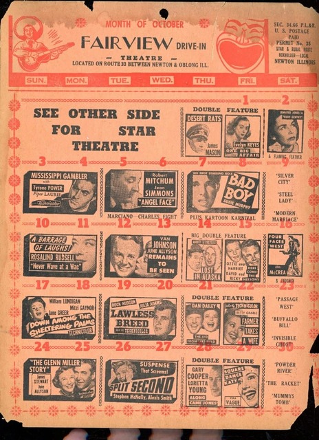 Fairview Drive-In's October 1953 schedule