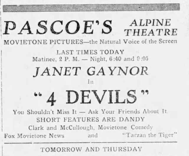 4 Devils at Pascoe's Alpine Theatre, January 14, 1930