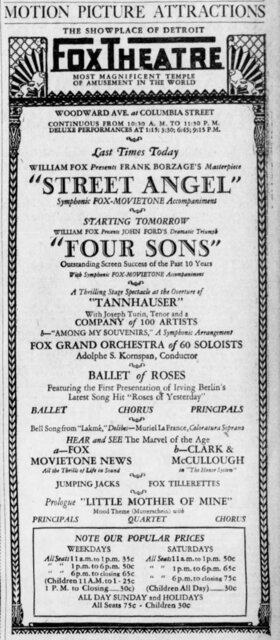 Four Sons starts tomorrow at Fox Theatre; Street Angel concludes