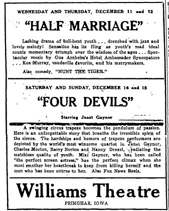 4 Devils at the Williams Theatre in Primghar, Iowa—14-15 December 1929