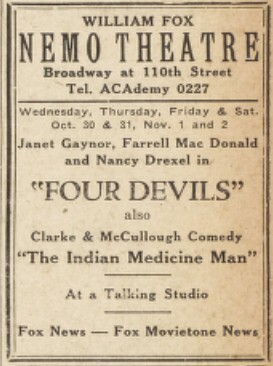 4 Devils at William Fox's Nemo Theatre—30 October, 1929