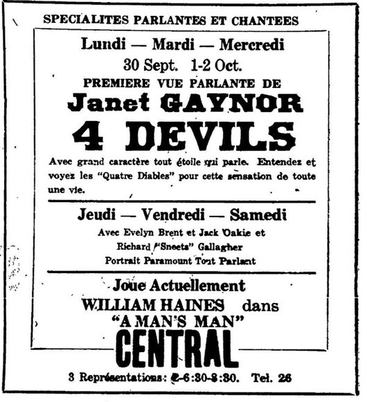 4 Devils at Théâtre Central in Biddeford, Maine—Sept. 30-Oct. 2, 1929