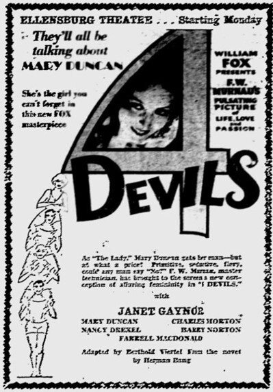 4 Devils at the Ellensburg Theatre, Ellensburg—January 27-29, 1930