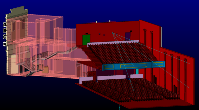 CAD model - View from the screen of the stalls and balcony.