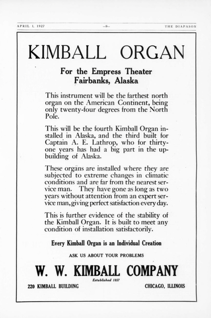 Kimball Organ Company advertisement in the April 1, 1927