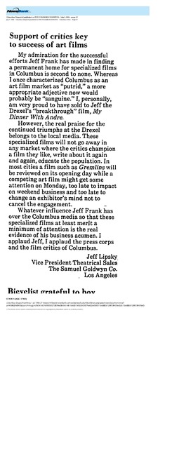 Columbus: A Sanguine Market for Art Films (1984)