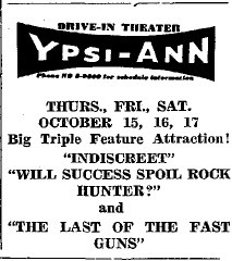 October 4, 1950 print ad courtesy Dennis Norton, - Triple Feature at the Ypsi-Ann.