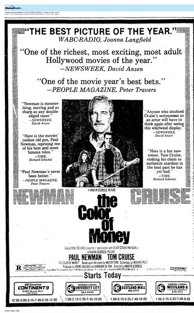 1986 Box Office Stars: Tom Cruise--# 1 and Paul Newman--# 10