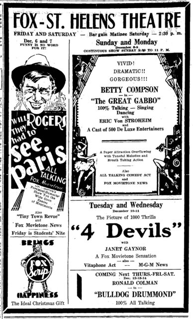 4 Devils at the Fox Saint Helens Theatre, Chehalis—December 6-7, 1929