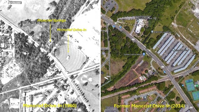 Aerial photos of the Moncrief Drive-in site (1960 and 2024)