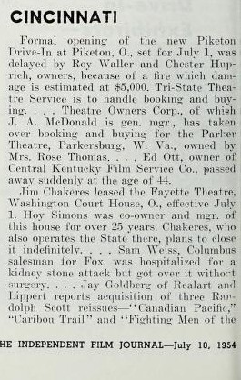 Closing of One Theater and Leasing of Another in Washington C H (1954)