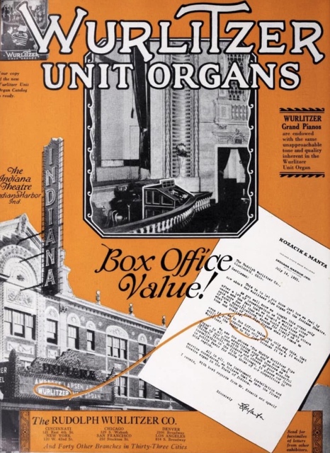 1925 Wurlitzer Trade Journal advertisement for its newest installation in northwest Indiana 