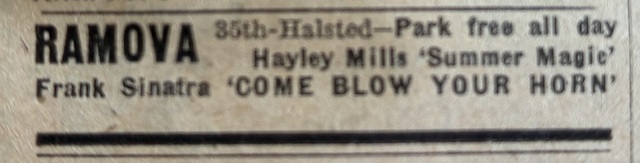 Newspaper ad from the Thursday, Nov. 28, 1963 Chicago Sun Times showing what was playing at the Ramona Theatre.