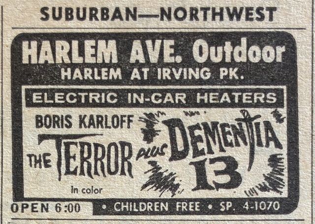 Newspaper ad from Chicago Sun Times Nov. 28, 1963 showing what was playing at the Harlem Outdoor on Thanksgiving Day.