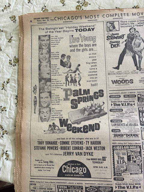 Chicago Sun Times Newspaper ad showing what was playing at the Chicago Theatre on Nov. 28, 1963, Thanksgiving Day.