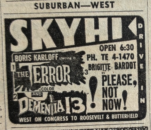 Chicago Sun Times Newspaper ad from Nov. 28, 1963, showing what was playing at the Sky-Hi Drive-In.