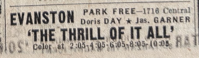 Chicago Sun Times Newspaper ad from Nov. 28, 1963, showing what was playing at the Evanston Theatre