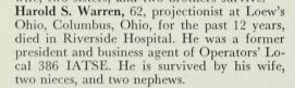 Harold S Warren, R.I.P. - Projectionist (1966)
