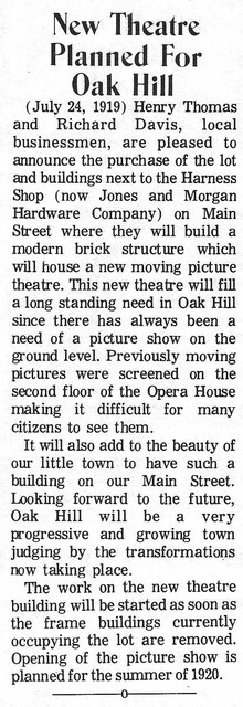New Theatre Planned for Oak Hill (Ohio) July 24, 1919