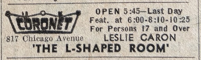 Chicago Sun Times Newspaper ad from Nov. 28, 1963 showing what was playing at the Coronet Theatre.