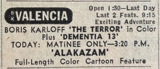 Chicago Sun Times Newspaper ad from Nov. 28, 1963 showing what was playing at the Valencia Theatre.