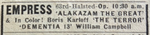 Chicago Sun Times Newspaper ad from Nov. 28, 1963 showing what was playing at the Empress Theatre.